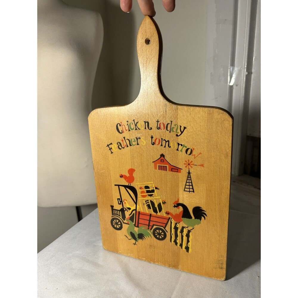 Vintage 1960 Wood Cutting Board Yugoslavia Wall Hanging Decor Chickens & Feather